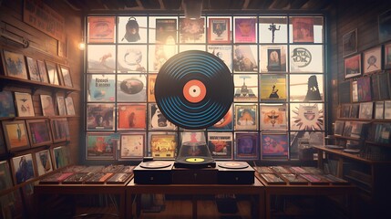 3D render of a retro poster frame in a vintage record store with vinyl records and music memorabilia