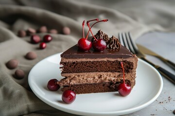 chocolate cake on round white plate with cherry