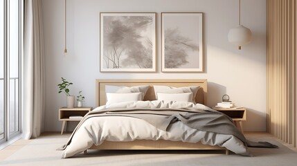 3D render of a Scandinavian-style poster frame in a neutral-toned bedroom with clean lines and natural textures
