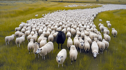 Fototapeta premium A black sheep surrounded by a flock of white sheep. 