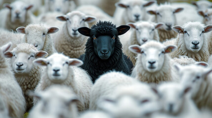 A black sheep surrounded by a flock of white sheep.  - Powered by Adobe