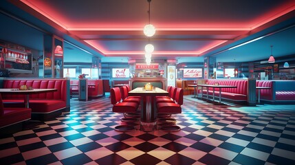 3D render of a retro poster frame in a vintage diner-style restaurant with checkered floors and neon signs