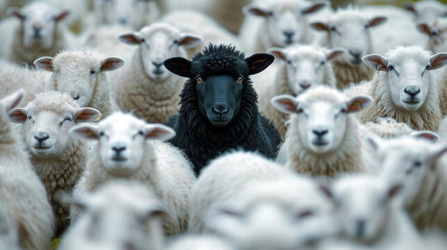 A black sheep surrounded by a flock of white sheep. 