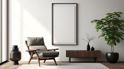 3D render of a sleek and modern poster frame in a minimalist living room with monochromatic color scheme