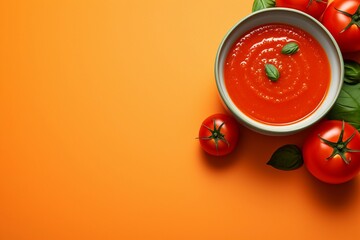 Bowl of tomato soup on orange background with fresh tomatoes, top view, copy space - obrazy, fototapety, plakaty