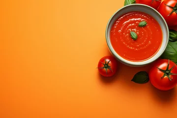 Fotobehang Bowl of tomato soup on orange background with fresh tomatoes, top view, copy space © Alexandra Selina