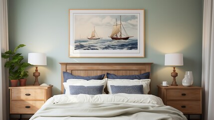 3D render of a vintage-style poster frame in a coastal-inspired bedroom with nautical elements