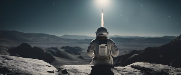 Seated astronaut watching a rocket take off.