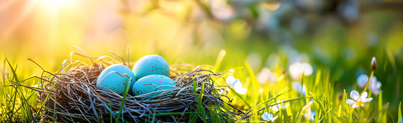 Buntes Osternest mit Eiern im Gras an einem sonnigen Frühlingstag - Osterdekoration, Banner, Panorama, Hintergrund - obrazy, fototapety, plakaty