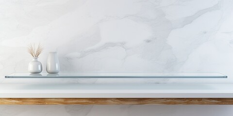 White marble shelf table with blurred glass wall background; ideal for product display or montage.