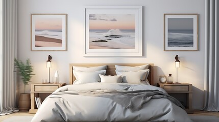 3D render of a vintage-style poster frame in a coastal-inspired bedroom with nautical elements