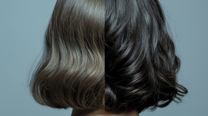 Fototapeta premium close-up of a person's hair, displaying a range of brown tones with a soft curl, against a neutral background, highlighting the hairstyle and hair color