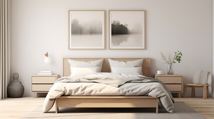 a 3D-rendered mockup poster frame in a cozy Scandinavian-style bedroom, highlighting simplicity and minimalism