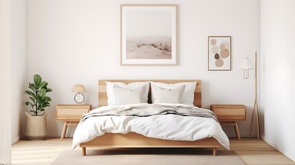 Fototapeta na wymiar a 3D-rendered mockup poster frame in a cozy Scandinavian-style bedroom, highlighting simplicity and minimalism