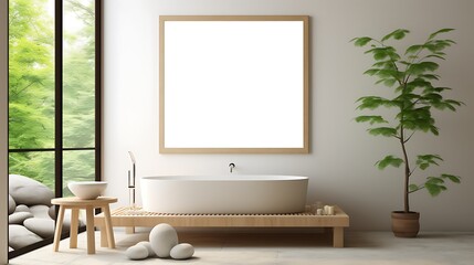 a 3D-rendered mockup poster frame in a tranquil Zen spa interior, incorporating natural elements and calming colors
