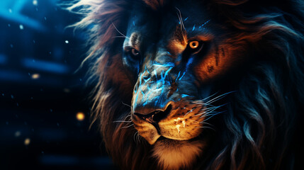 Wild shaggy lion on a dark blue night background. Close-up portrait of an adult lion.