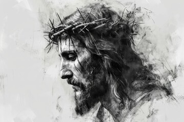 Jesus Christ with crown of thorns on his head. Digital painting style