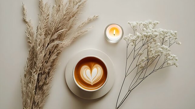 Flatlay still life with a cup of coffee, a candle and dried flowers.