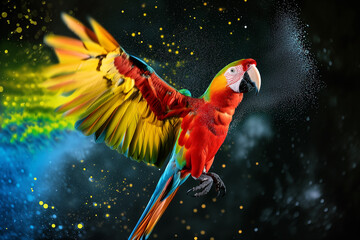 Scarlet macaw parrot flying isolated on black background. Extreme close-up of colorful parrot flying from splash of paint, creativity concept. A captivating splatter art composition featuring a parrot