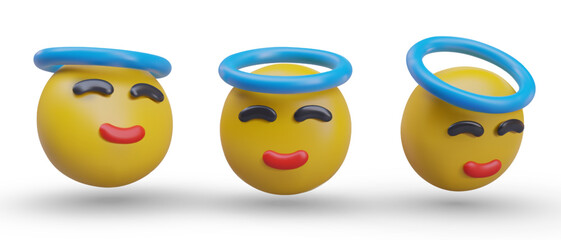 Innocent character, angelic behavior. Set of 3D emoticons with blue halo. Round yellow head is smiling sweetly. Pretending not to be involved. Prayer, blessing