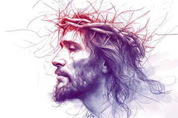Fototapeta premium Digital painting of Jesus Christ with crown of thorns on white background