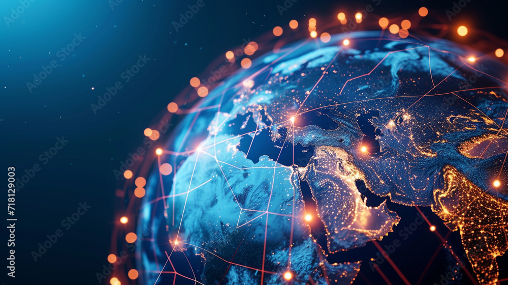 Poster a digital globe with shipping routes and logistic networks highlighted, logistics, dynamic and drama