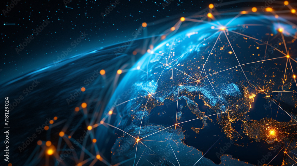 Poster a digital globe with shipping routes and logistic networks highlighted, logistics, dynamic and drama