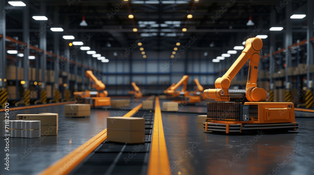 Poster a 3d render of a warehouse with automated robots sorting packages, logistics, dynamic and dramatic c