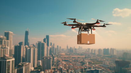 Fototapeta na wymiar A drone delivering a package over a cityscape, symbolizing modern delivery methods, logistics, dynamic and dramatic compositions, with copy space