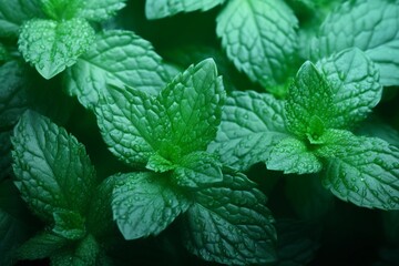 Fresh mint leaves with waterdrops. Macro peppermint background, close up view.
