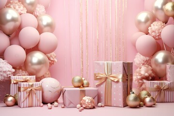 Fototapeta na wymiar A pile of pink gifts decorated with gold ribbons and balloons beside them. generative AI