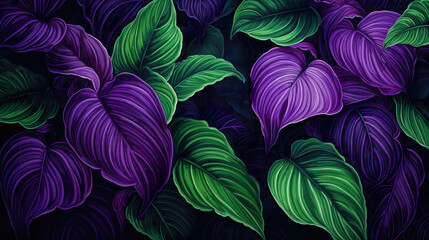 green and violet colored leaves, fantasy radiant style