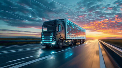 A concept of a self-driving delivery truck on a highway, logistics, dynamic and dramatic compositions, with copy space