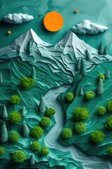 illustration, abstract background with mountains, trees and clouds, paper cut style