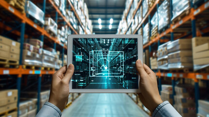 A digital logistics management system on a tablet in a warehouse, logistics, dynamic and dramatic compositions, with copy space