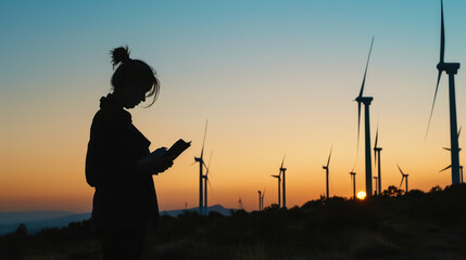 Person is silhouetted against a sunset sky, reading a tablet with wind turbines in the background.