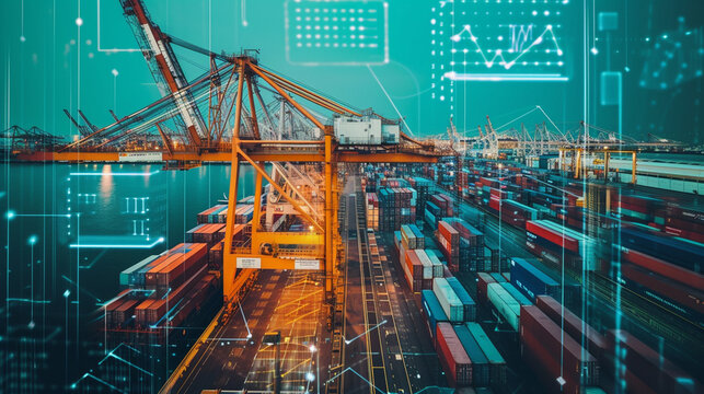 A bustling port with cranes loading containers, enhanced with digital data overlays, logistics, dynamic and dramatic compositions, with copy space