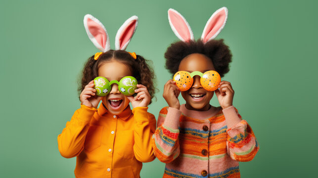 Two joyful children are wearing bunny ears and holding decorated Easter eggs up to their eyes like glasses
