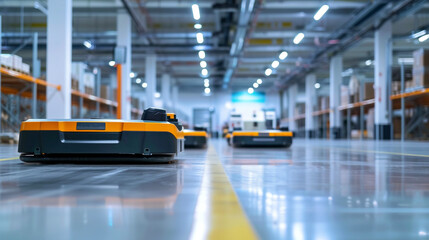 Obraz premium Automated guided vehicles (AGVs) in a high-tech warehouse, logistics, dynamic and dramatic compositions, with copy space