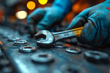 A skilled mechanic stands confidently indoors, clutching their trusty wrench, ready to tackle any task with precision and determination
