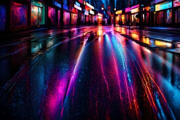 Fototapeta na wymiar Abstract neon lights reflected on wet pavement
