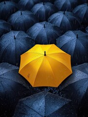 Yellow Umbrella Stands Out Among Black