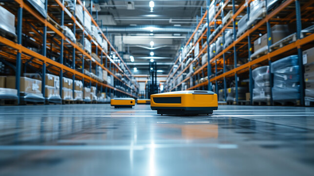 Automated guided vehicles (AGVs) in a high-tech warehouse, logistics, dynamic and dramatic compositions, with copy space