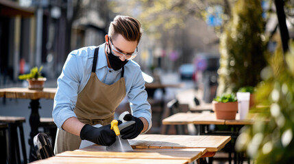 Waiter wearing a face mask and gloves is cleaning and disinfecting a table at an outdoor cafe