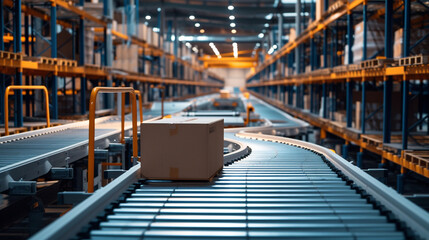 An innovative conveyor belt system in a modern distribution center, logistics, dynamic and dramatic compositions, with copy space - obrazy, fototapety, plakaty