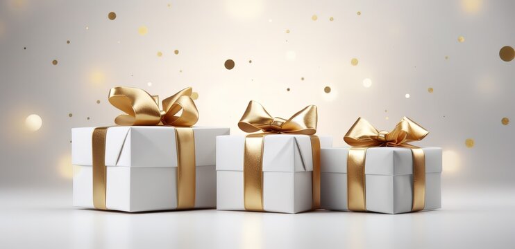 Three box-shaped gifts decorated with gold ribbons are pictured in front of a gray background. generative AI