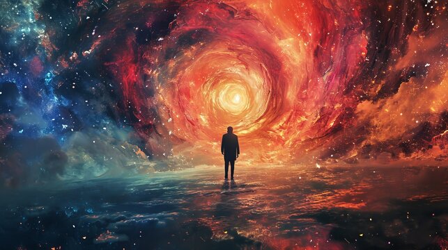 Echoes Across Dimensions: A Silhouetted Figure Observing a Cosmic Vortex and Interstellar Clouds Illustration