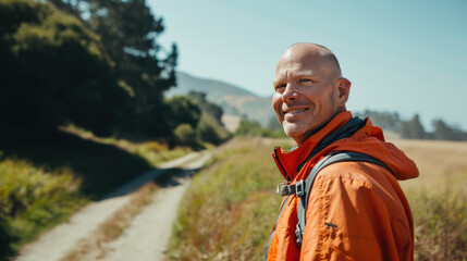Middle-aged man smiling at the camera, outdoors during daylight with soft focus on a nature background.
