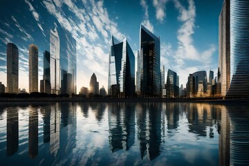 Fototapeta na wymiar Wavy reflections of skyscrapers in a calm river