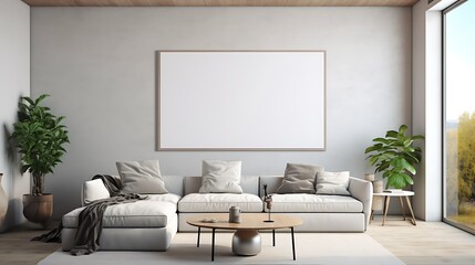 Mockup Poster Frame installed in modern living room interior design